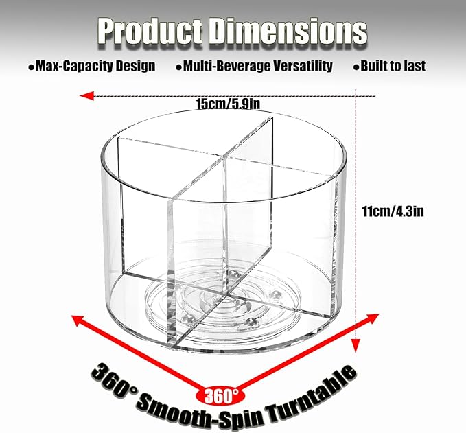 360° Spinning Drink Packet Organizer, Clear BPA-Free Plastic 4-Section Clear Storage for Coffee, Sugar & Drink Mixes | Stackable Kitchen & Pantry Container