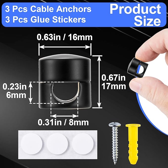 SmallCat 3 Sets Charger Holders for Cords, Matte Black Color Adjustable Cable Anchor Holders, Adhesive Metal Cord Clips, Cable Management Wire Organizers for Desk, Office, Nightstand