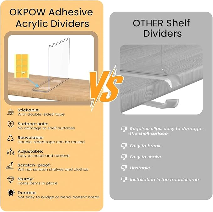 OKPOW Acrylic Shelf Dividers for Closet Organization - 10" Tall X 12" Deep Easy Installation Clothes Purses Organizer - Space-Saving Adjustable & Sturdy Clear Dividers for Wood Cabinet Shelves, 4 Pack