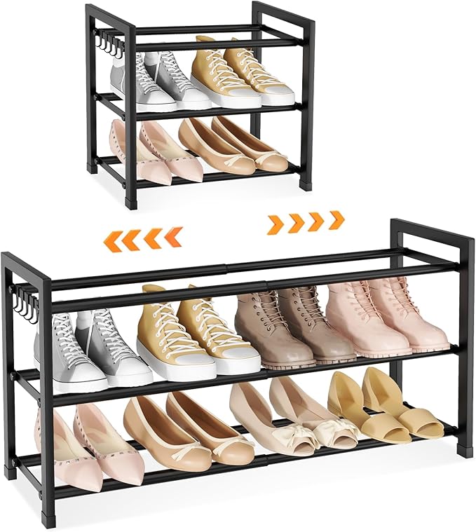 Expandable Shoe Rack for Closet, Bedroom with 5 Hooks