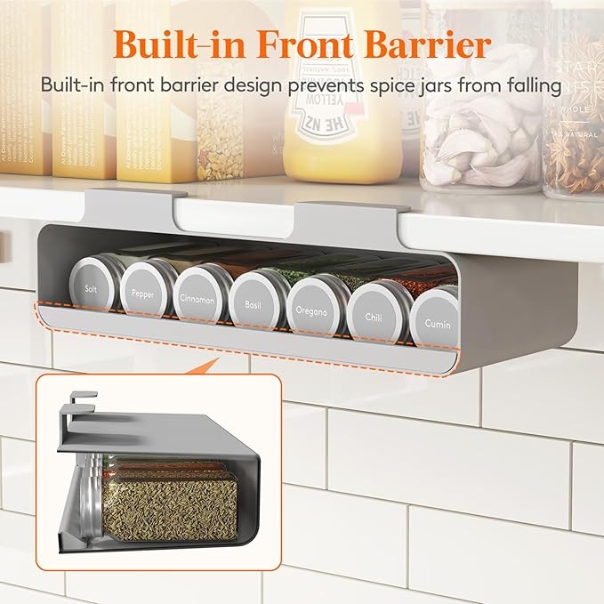Lifewit Under Cabinet Spice Rack Organizer with 7 Jars, Lables, Under Shelf, Easy Refilling with Silicone Funnel,Seasoning Organizer for Kitchen Storage Solution, Gray
