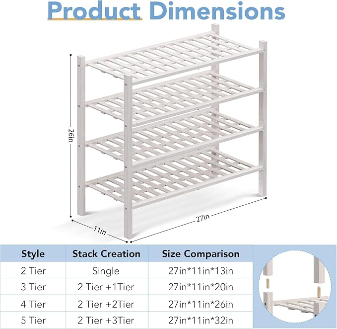Haddockway 4 Tier Bamboo Shoe Rack Storage Organizer, Multifunctional Free Standing Stackable Shoe Shelf with Grid Panel for Closet,Hallway,Entryway,Small Space 27"x11"x26"