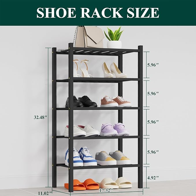 Smiry Small Bamboo Shoe Rack, 5 Tier Free Standing Wooden Shoe Organizer, Stackable Wood Shoe Storage Shelf for Closet, Entryway, 14 Vertical Slats, 2+2+1 Stack Thicker Legs, 17.3"x11"x32.5", Black