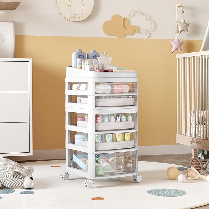Rolling Cart with 5 Drawers, Clear Plastic Drawer Organizers