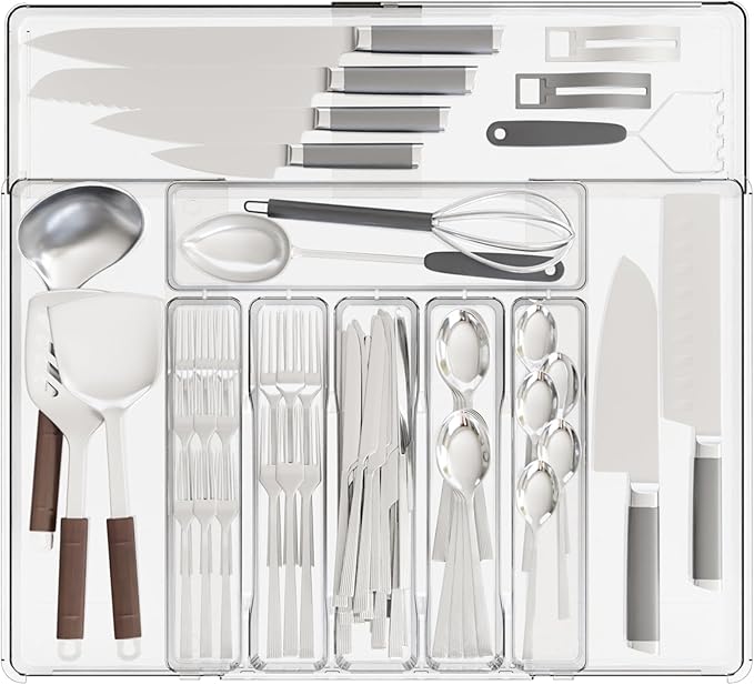 Clear Expandable Silverware Organizers for Kitchen Drawers