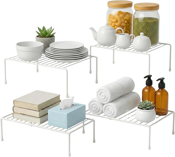 Evelots Kitchen Cabinet Wire Shelf Organizer/Rack - 4 Pack Sturdy Large Metal Shelf Risers - Double Your Counter Space - Great for Kitchen, Freezer, Pantry and Bathroom - Rustproof - White