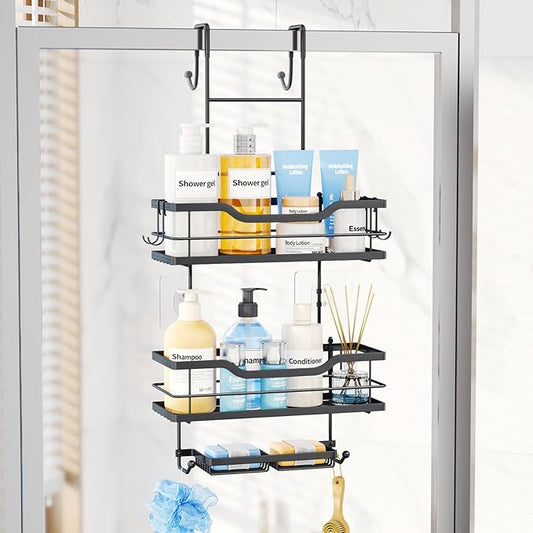 Consumest Over The Door Shower Caddy - 3 Tier Shower Shelves Hanging with Soap Holders, Large Capacity Shower Organizer with 6 Hooks, Bathroom Rack and Storage, Black