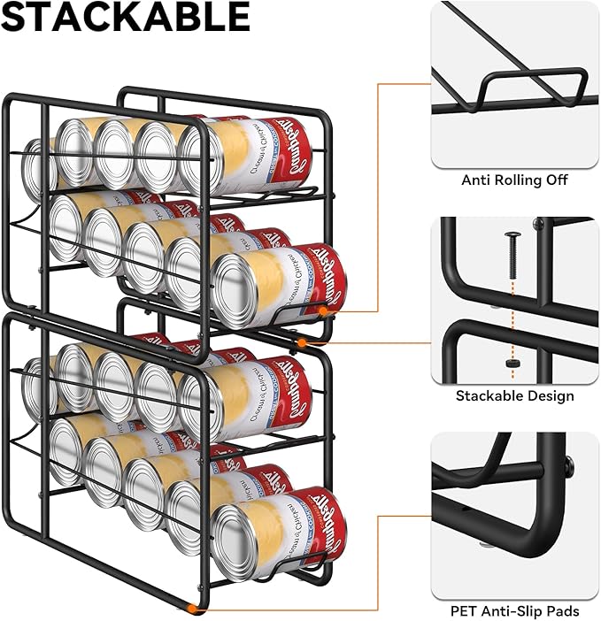 MOOACE Can Organizer for for Pantry, Stackable Soda Can Dispenser Canned Food Storage, Kitchen Cabinet Fridge Beverage Cans Holder, 4 Pack, Black