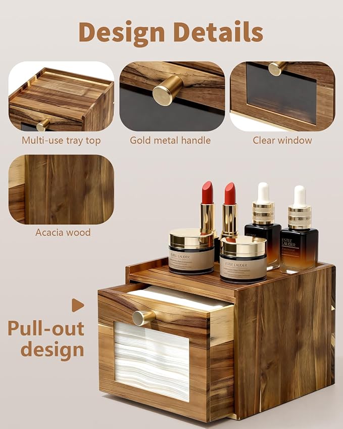 Disposable Face Towel Holder, Acacia Wood Storage Drawer Compatible with XL Disposable Face Towels, Facial Towel Storage Box for Bathroom Countertop Vanity Organizer & Wall Mount