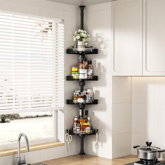 akinbas Shower Caddy Tension Pole with 4 Lazy Susan Organizer 360 Rotating 35-128 Inch No Drilling Floor Standing Shelves Adjustable Shower Rack for Bathroom Corner (Black)