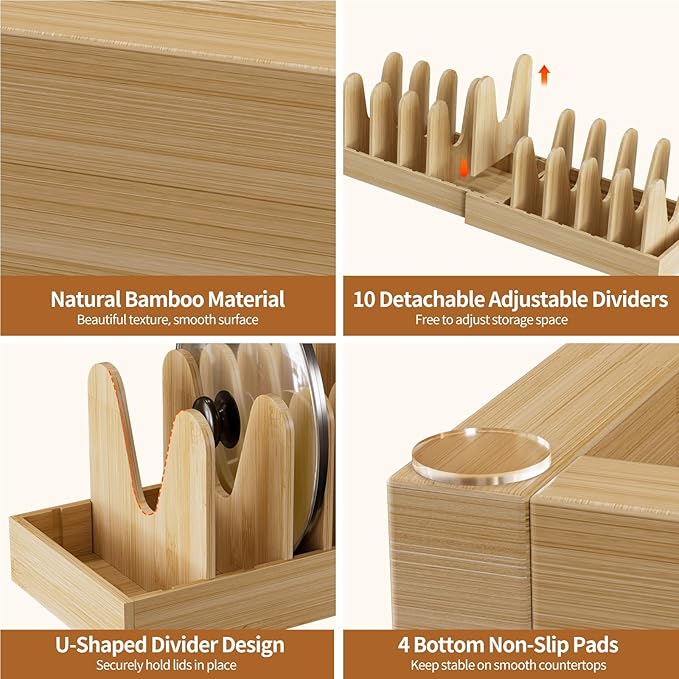 Housolution Bamboo Pot and Pan Organizer for Cabinet, 15"-29" Expandable Pot Lid Organizer with 10 Adjustable Dividers, Wooden Pan Holder Storage Rack, Fully Expanded Size 29.5" W x 8" D x 7.5" H