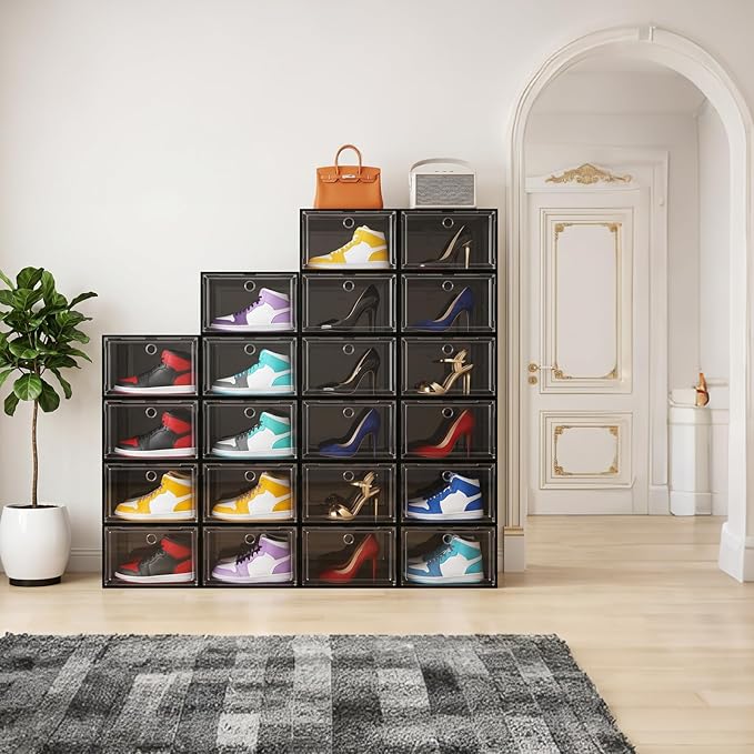 Large Shoe Boxes Clear Plastic Stackable, 8 Pack Drop Side Shoe Storage Organizer with Magnetic Door, Shoe Container Sneaker Storage Display Case Fit up to US Size 13 Black