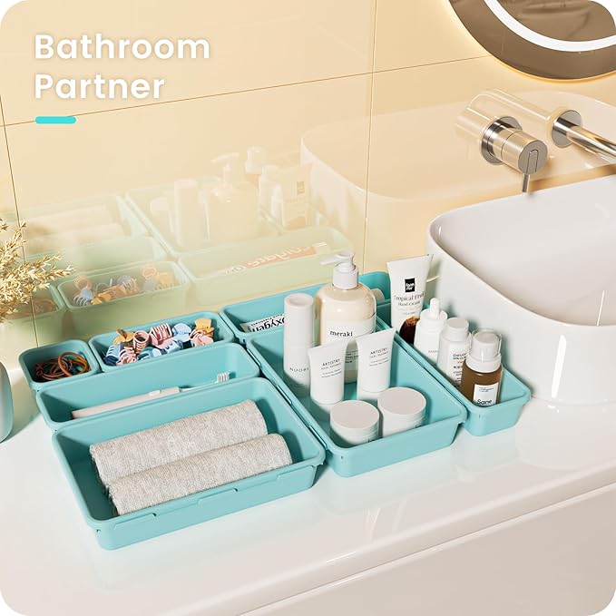 【Military Grade】A-LuGei Drawer Organizer, 【𝟱𝗦𝗶𝘇𝗲】 Makeup organizer, 【Holds 177 Items】 Bathroom Organizers and Storage, Organization and Storage, Desk Drawer Organizer for Vanity (Blue)
