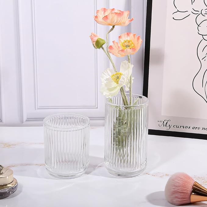 DASITON Makeup Brush Holder Organizer, Crystal Glass Makeup Brushes Storage Holder, Vintage Make Up Brush Cup for Vanity, Pen Pencil Holder for Desk, Toothbrush Holders for Bathroom (Clear SL)