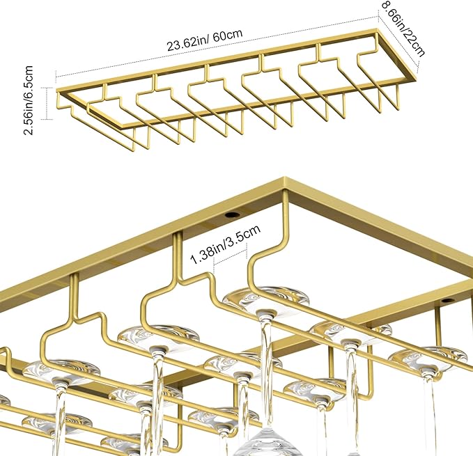 Nuovoware Wine Glass Rack - Under Cabinet Stemware Wine Glass Hanger Rack Holder for Bar Kitchen Cabinet, 6 Rows - Light Gold