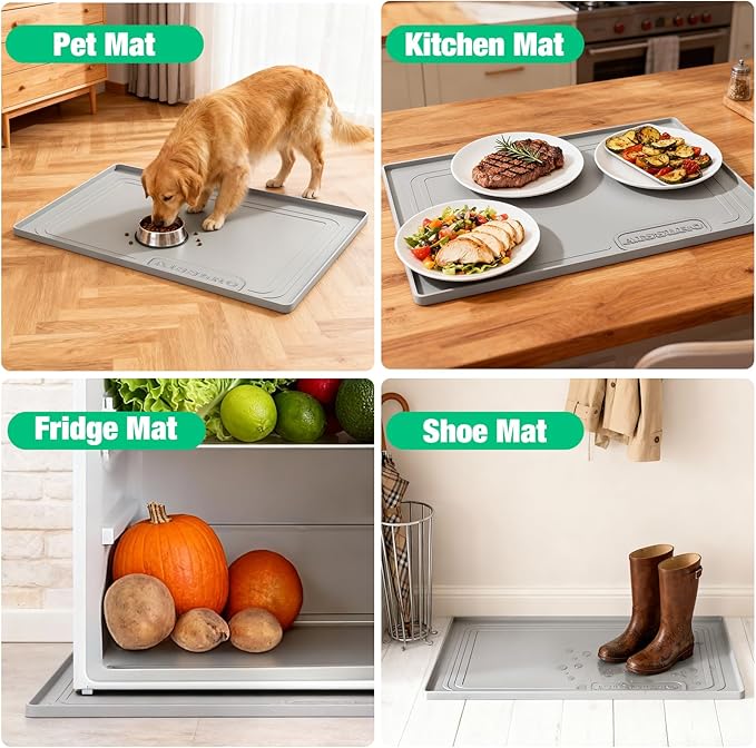 Aisslro Under Sink Mat 34" X 22", Waterproof Silicone Cabinet Organizer Protector with Raised Edge, Kitchen & Bathroom Leak Tray, Shelf Liner & Pet Feeding Mat for Dog Cat Food Mats, Gray
