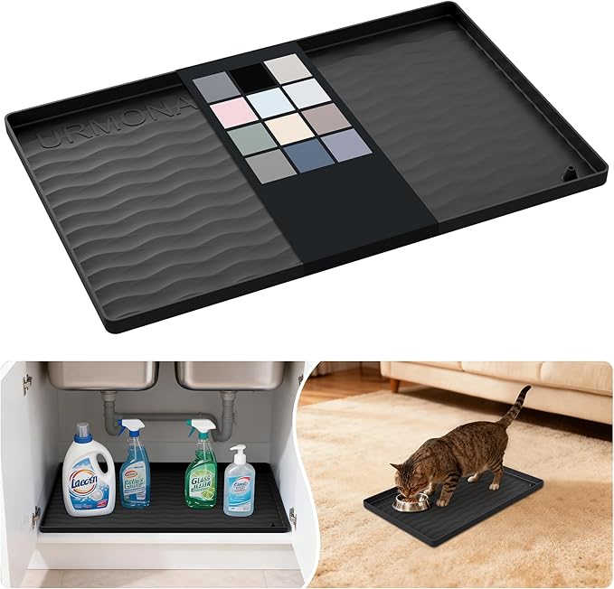 Waterproof Silicone Under Sink Mat 16'' x 10'' Shelf Liner for Kitchen, Black