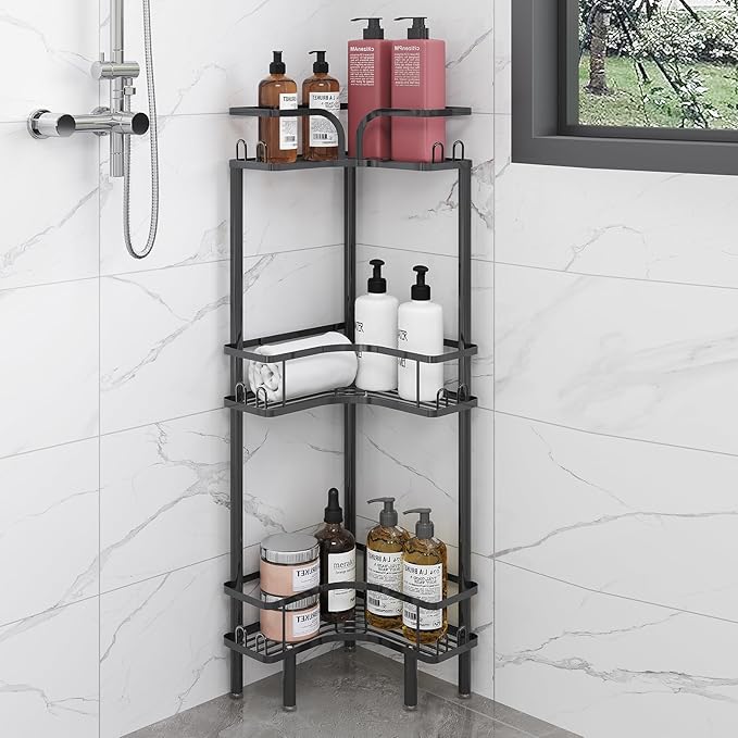 Standing Shower Corner Caddy, 3-Tier Stainless Steel Material Shower Organizer with 12 Hooks - Space Saving Corner Shelf with Adjustable Feet for Bathroom, Compact Spaces (Black, 3 Tiers)