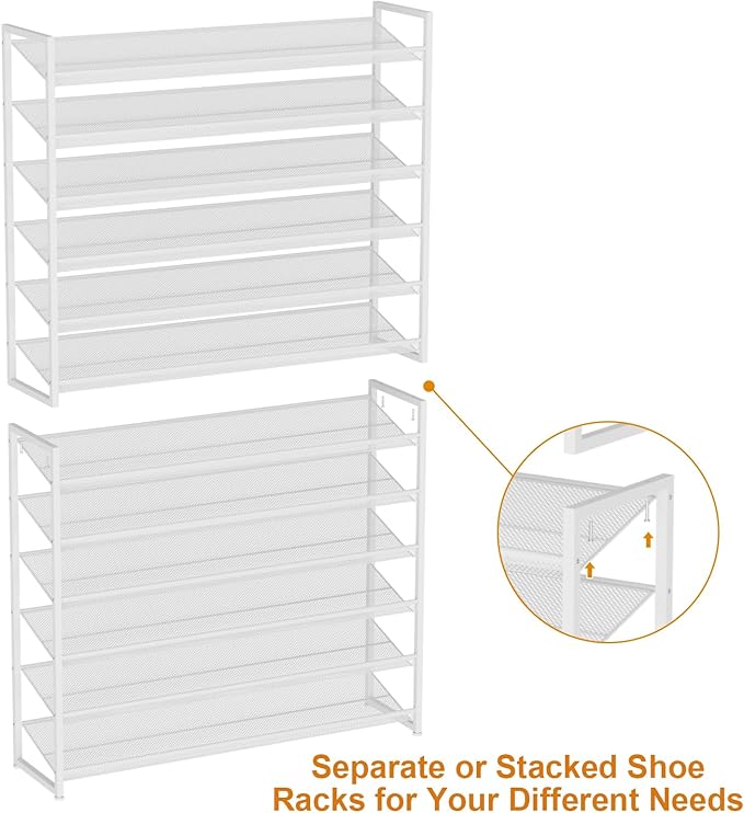 Large Shoe Rack 12 Tier Shoe Organizer, Heavy Duty Metal 6-Tier Stackable Shoe Storage Vertical Shoe Rack for Closet Front Door Entrance, Up to 75 Pairs, 44.8" W x 11.4" D x 85.1" H, White