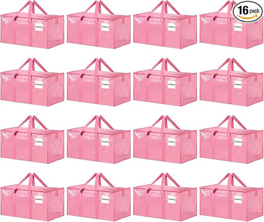 16 Pack Extra Large Heavy Duty Moving Bags, Pink Storage Bins with Lids