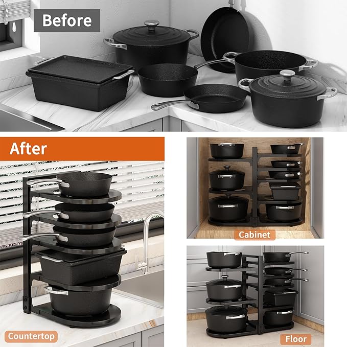 Adjustable Heavy Duty Pots and Pans Organizer Under Cabinet, Black