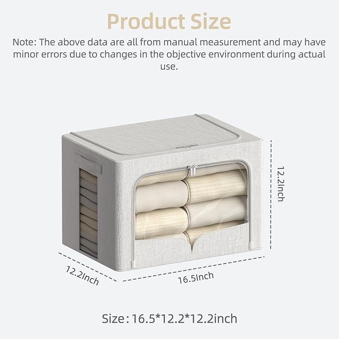 FHSQX 3 Pack Clothes Storage Bins - Foldable Metal Frame Storage Box - Stackable Linen Fabric Container Organizer Set with Carrying Handles and Clear Window (Cream White, 16.5x12.2x12.2inch(40L))