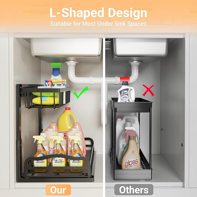 AceMining Under Sink Organizer 2 Pack, L-Shaped 2 Tier Pull Out Cabinet Organizer with Sliding Drawer, 5-Level Height Adjustable Metal Under Sink Storage for Kitchen, Bathroom Organization