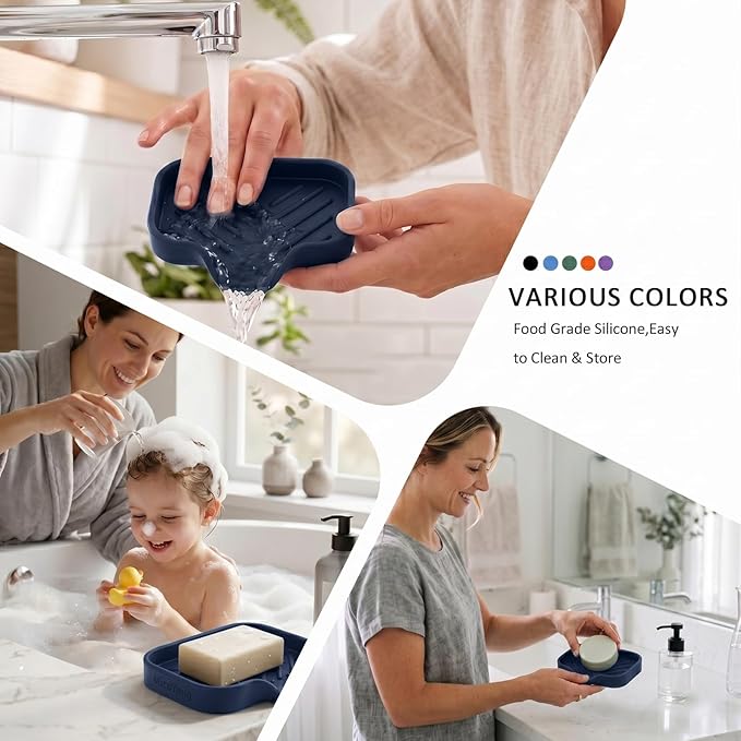 MicoYang Silicone Soap Dish with Drain Spout — Self-Draining Sink Organizer Tray for Bathroom & Kitchen, Holds Bar Soap, Sponges & Dispensers, Non-Slip & Dishwasher Safe, Navy Blue (Small, 4.9"×3.2")