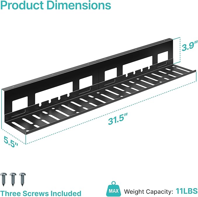 PEGZONE Under Desk Cable Management Tray, 31.5 Inches Metal Cord Organizer Rack, Desk Tray for Power Strip, Cord, Wire, Easy Mounting Cable Management Under Table for Home Office, Black