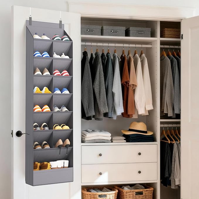 8 Tier Over the Door Shoe Organizer with 15 Large Deep Pockets, Gray
