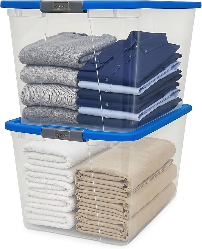 HOMZ 2-Pack Secure Latch, Clear Plastic Storage Organizer Bins, 64 Quart, Blue Lid - Stackable Container Boxes for Bedroom, Bathroom, Garage, and Office Organization