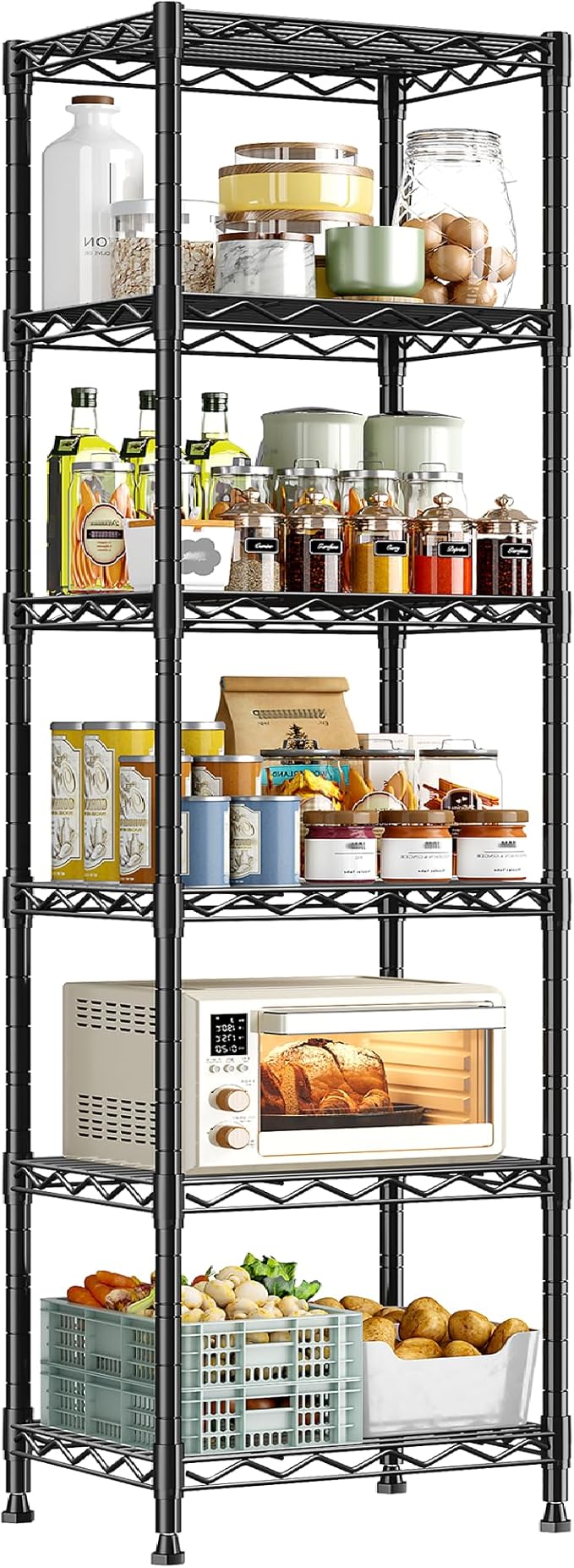DurayLoly 6-Tier Narrow Storage Shelves with Anti-Tip Screws, 265 lbs Capacity, Adjustable Metal Wire Shelving Unit for Kitchen, Pantry, Bathroom, Laundry Room & Garage – 15.8" W x 11.8" D x 63.8" H