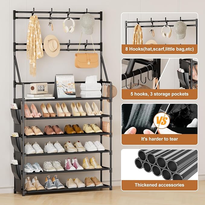 OYREL Shoe Rack 6 Tier Shoes Organizer 24-30 Pairs Shoe Racks for Closet Front Door Entrance Large Capacity Space Saving Shoe Storage Organizer with Multifunctional 5 Hooks and Side Pocket