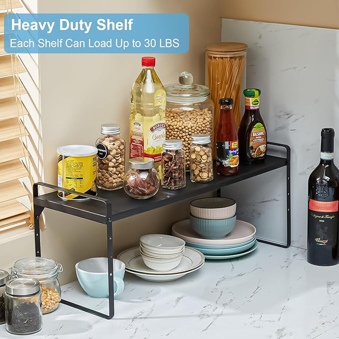 15.5 to 25.5 Inch Kitchen Cabinet Shelf Organizers, Adjustable Kitchen Counter Shelf Organizer, Set of 3 Expandable Countertop Storage Shelves, Stackable Design, 30LBS Heavy Duty, Space Saver