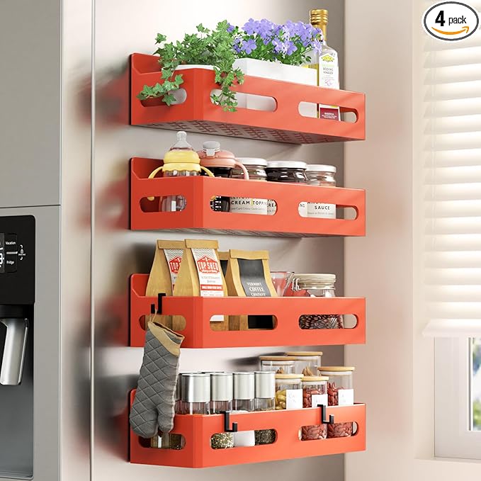 Sevenblue 4 Pack Strong Magnetic Spice Rack for Refrigerator, Multipurpose Magnetic Shelf for Fridge with 4 Hooks for kitchen and Bathroom Organization, Orange
