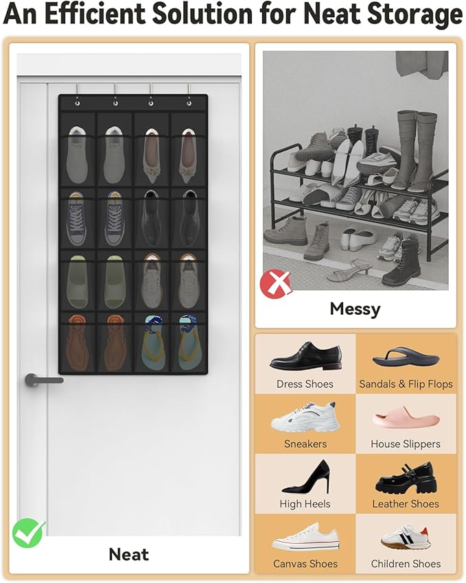 dodowin Over the Door Shoe Organizer Rack, 16 Large Breathable Mesh Pockets, Foldable Hanging Storage Holder for Closet Door, Space Saving Shoe & Accessory Organizer with 4 Metal Hooks, Black