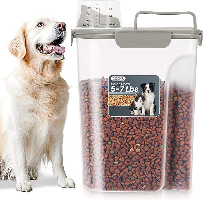 5-7LBS Upgraded Large Nozzle Cat Dog Food Storage Container BPA-free, Airtight Pet Food Storage Bin with 4 Lock Buckles, Sealing Gasket, Cup for Pet Food, Dog Treats, Rice, Flour, Dry-Grey