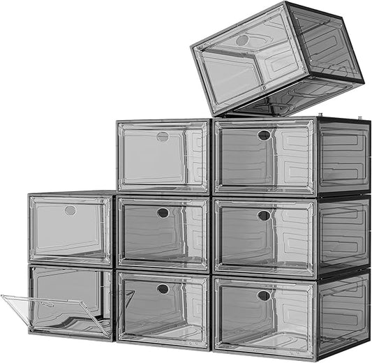 7 code Large Clear Shoe Boxes Organizer【Thicker Material】 Stronger Shoe Box with Magnetic Door, Stackable Shoe Storage Box for Closet, Foldable Space-Saving Storage Bins Shoe Cabinet, Black 9-Pack