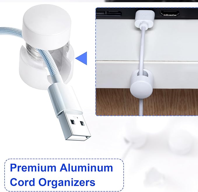 SmallCat 3 Sets Charger Holders for Cords, White Adjustable Cable Anchor Holders, Adhesive Metal Cord Clips, Cable Management Wire Organizers for Desk, Office, Nightstand