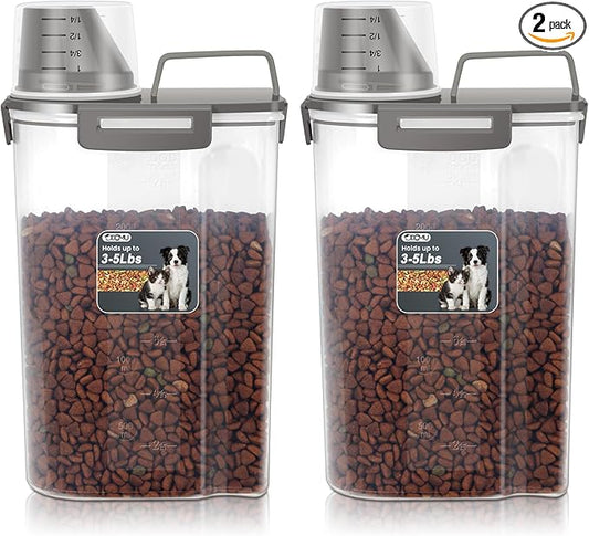2.5-5LBS Upgraded Large Nozzle Dog Cat Food Storage Container BPA-free, Airtight Pet Food Storage Bin with 4 Lock Buckles, Sealing Gasket, Cup for Pet Food, Cereal, Dog Treats, Rice, Dark Gray-2 Pack