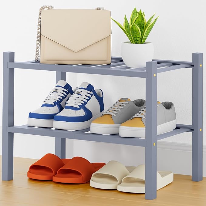 Smiry Small Bamboo Shoe Rack, 2 Tier Free Standing Wooden Shoe Organizer, Stackable Wood Shoe Storage Shelf for Closet, Entryway, 14 Vertical Slats, One-piece Heavy-Duty Legs, 17.3"x11"x13", Grey