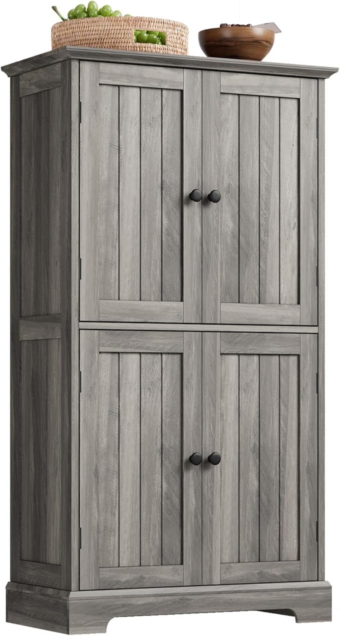 ChooChoo Bathroom Floor Cabinet, Farmhouse Bathroom Storage Cabinet with 4 Doors and Adjustable Shelves, Pantry Cabinet for Living Room, Kitchen, Retro Grey