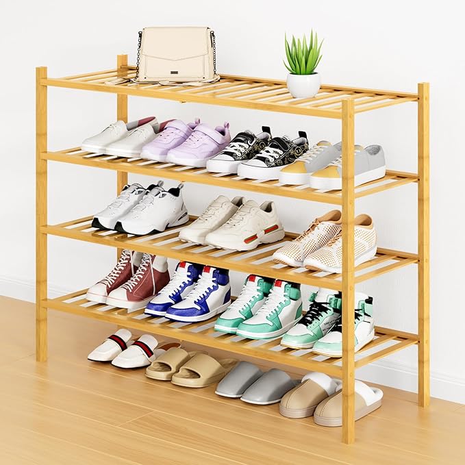 Smiry Long Bamboo Shoe Rack, 4 Tier Free Standing Wooden Shoe Organizer, Stackable Wood Shoe Storage Shelf for Closet, Entryway, 12 Vertical Slats, 2+2 Stack Standard Legs, 33.7"x11"x26", Natural