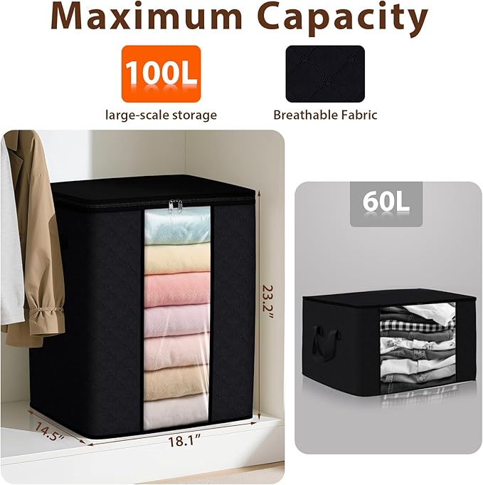 4 Pack 100L Clothes Storage, Foldable Thick Fabric Blanket Storage Bags, Black