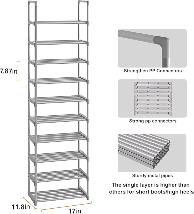 OYREL 10-Tier Metal Shoe Rack, Narrow Shoe Rack Organizer, Sturdy Shoe Shelf for Closets, Entryway, Bedroom, Garage - Silver