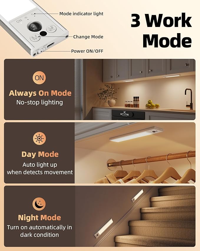 EZVALO 10inch Under Cabinet Lighting, Rechargeable Motion Sensor Light Indoor with 3 Color Temperatures, Dimmable & Magnetic Closet Lights, Wireless Under Counter Lights for Kitchen, Stairs (2 Pack)