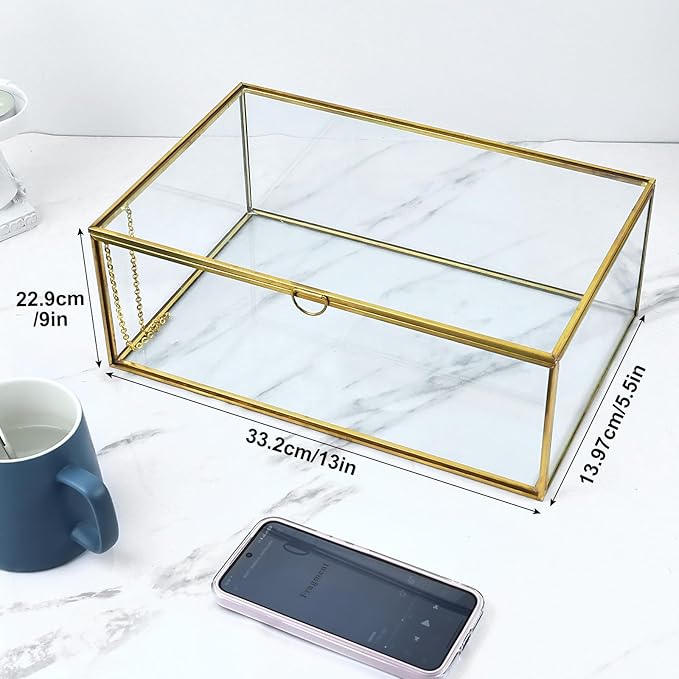 HighFree Vintage Glass Box with Lid - Clear Jewelry Glass Display Box Keepsake Box - Home Decor Decorative Box for Trinket Rings Bracelet (Gold, X-Extra Large)