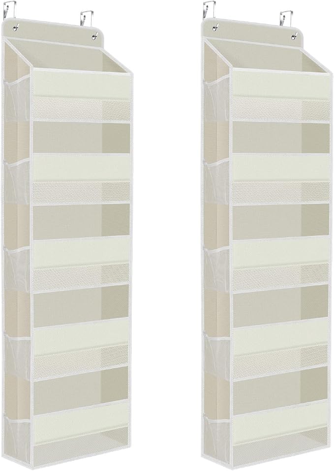 SpaceHacks 2 Pack Over The Door Organizer, Hanging Storage Organizer with Clear Window, 40lb Ultra Sturdy Large Capacity Room Organizer for Pantry Laundry Bathroom Nursery Closet (Beige)