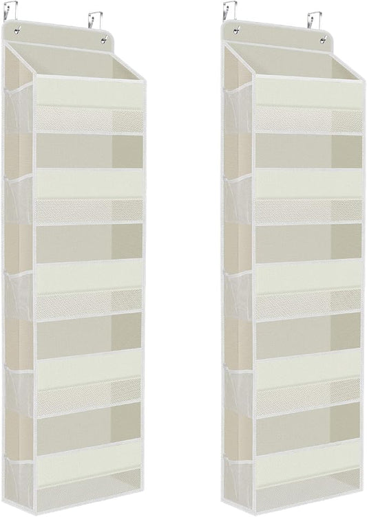 SpaceHacks 2 Pack Over The Door Organizer, Hanging Storage Organizer with Clear Window, 40lb Ultra Sturdy Large Capacity Room Organizer for Pantry Laundry Bathroom Nursery Closet (Beige)