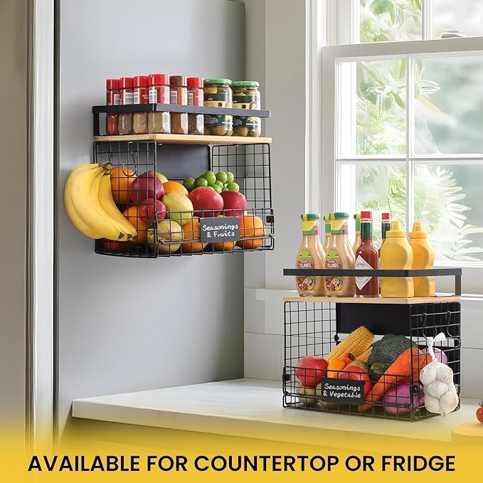 [WIDER SHELF] 1 SET Strong Magnetic Shelf Basket for Fridge with Tag & Bamboo Top, XXL Large Magnetic Spice Rack Shelves for Side of Refrigerator, Kitchen Pantry Storage Organizer for Food Fruit Veg